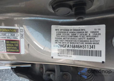 2006 Honda Civic Ex из США, поврежденный, VIN 2HGFA16846H511341